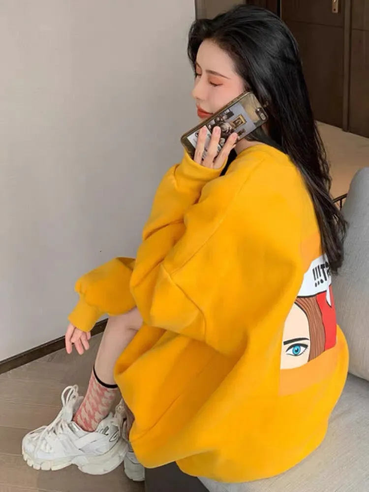 Yellow sweatshirt fashion 2023 new loose thin bf lazy style mid-length autumn and winter coat for women