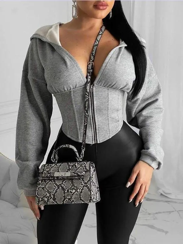 ZASUWA Female Zip Casual Solid  Slim Corset Sport Hoodies